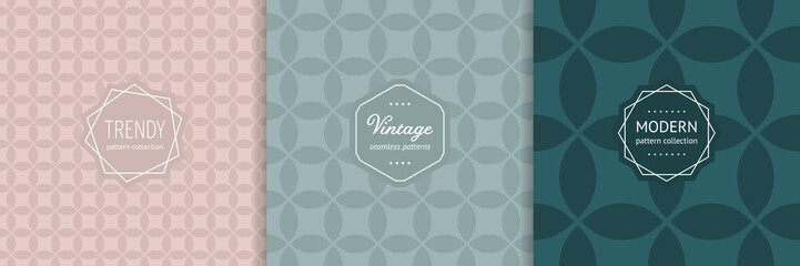 Vector abstract seamless pattern collection with stylish modern minimal labels. Trendy cover designs. Abstract texture with geometric ornament, round grid. Background templates for print, decor, wrap