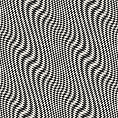 Vector monochrome seamless pattern with optical illusion effect. Simple abstract background with distorted checkered grid. Op art texture. Deformed surface. Black and white modern repeat geo design