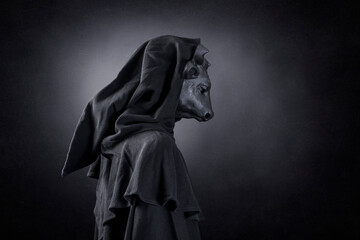 Cow in hooded cloak at night over dark misty background