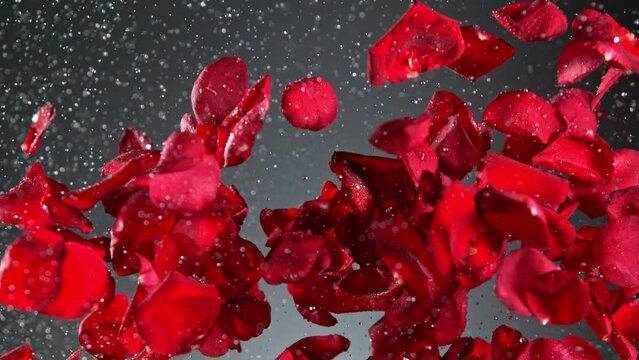 Super slow motion shot of real red rose petals and water explosion on grey background at 1000 fps.