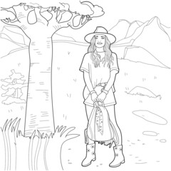 Fototapeta na wymiar Girl in the mountains. adult coloring. Color Therapy Coloring Pages