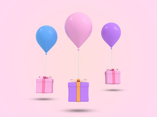 Gift flying with gas balloon 3D icon. Gift  
3D Rendered Illustration. Birthday,  Anniversary, christmas, valentine day festival presentation gift box with balloon. 3D rendered illustration.