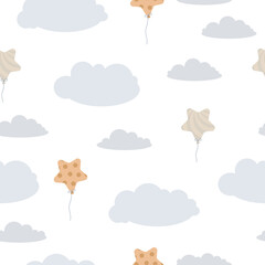 Childish seamless print. Pattern of clouds and balloons in the sky. Pastel shades. Derezhables and balloons with a travel basket. Vector illustration