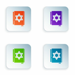 Color Jewish torah book icon isolated on white background. Pentateuch of Moses. On the cover of the Bible is the image of the Star of David. Set colorful icons in square buttons. Vector