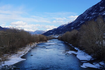 The river in the mountains during winter