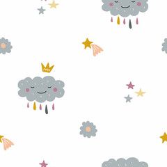 Seamless pattern with cute cloud princess and stars on a white background. Ornament for children's textiles and packaging. Flat style. Vector.