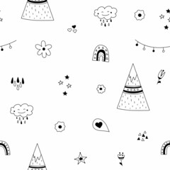Seamless pattern with Scandinavian motifs and wildlife elements. Vector illustration isolated on white background for your design