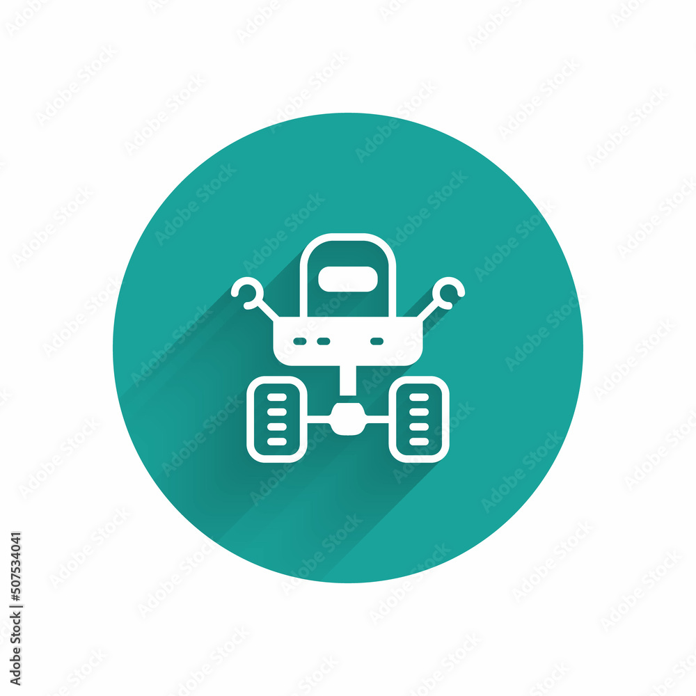 Poster white mars rover icon isolated with long shadow. space rover. moonwalker sign. apparatus for studyin
