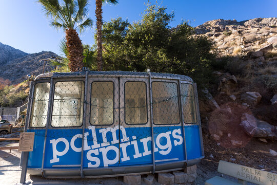 Palm Springs Aerial Tramway Cabin at Valley Station, one of the cabins originally used to transport visitors to the Mountain Station at an elevation 8,516 feet, PALM SPRINGS, CA - DEC 2021