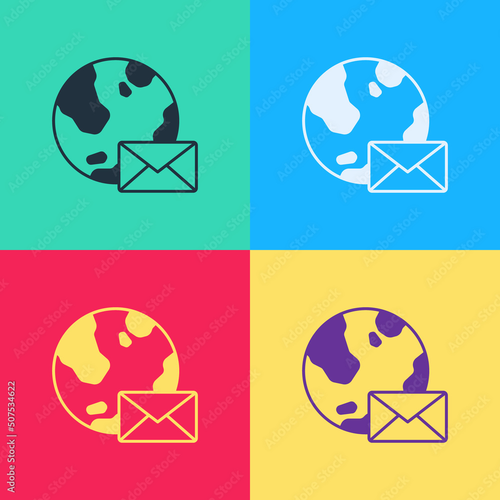 Poster pop art earth globe with mail and e-mail icon isolated on color background. envelope symbol e-mail. 