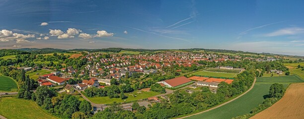 Drone panorama of the southern Hessian municipality of Gross-Bieberau in the Odenwald during the day