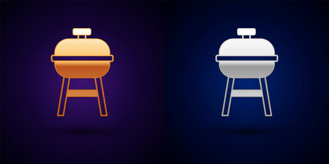 Gold and silver Barbecue grill icon isolated on black background. BBQ grill party. Vector