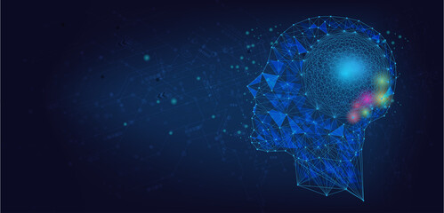 Abstract human head with a line brain network.circle and electricity with blue electronic cycle.Digital data,ai,ascience.Vector Technology background and Artificial intelligence concept.