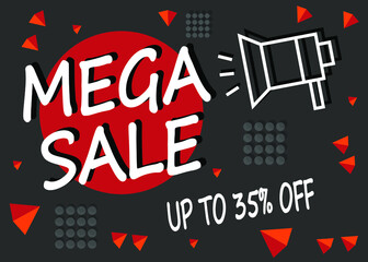 Mega sale 35% off. Up to 35% percent banner for sales and promotion with megaphone.