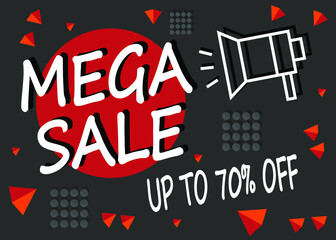 Mega sale 70% off. Up to 70% percent banner for sales and promotion with megaphone.