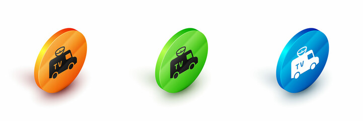 Isometric TV News car with equipment on the roof icon isolated on white background. Circle button. Vector
