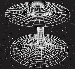 Relativity theory concept black hole wormhole sketch space star field background relationship time energy mass light speed spacetime curvature  physics dynamics mechanics education vector cosmological - obrazy, fototapety, plakaty