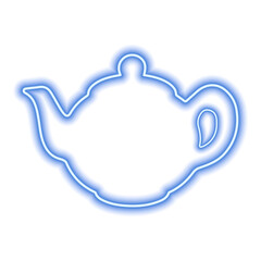 Blue neon contour of the teapot. Simple vector illustration on white background. One object