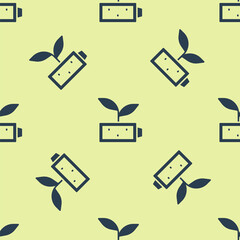 Blue Eco nature leaf and battery icon isolated seamless pattern on yellow background. Energy based on ecology saving concept. Vector