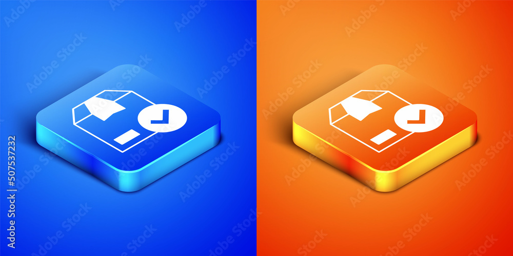 Poster isometric package box with check mark icon isolated on blue and orange background. parcel box with c