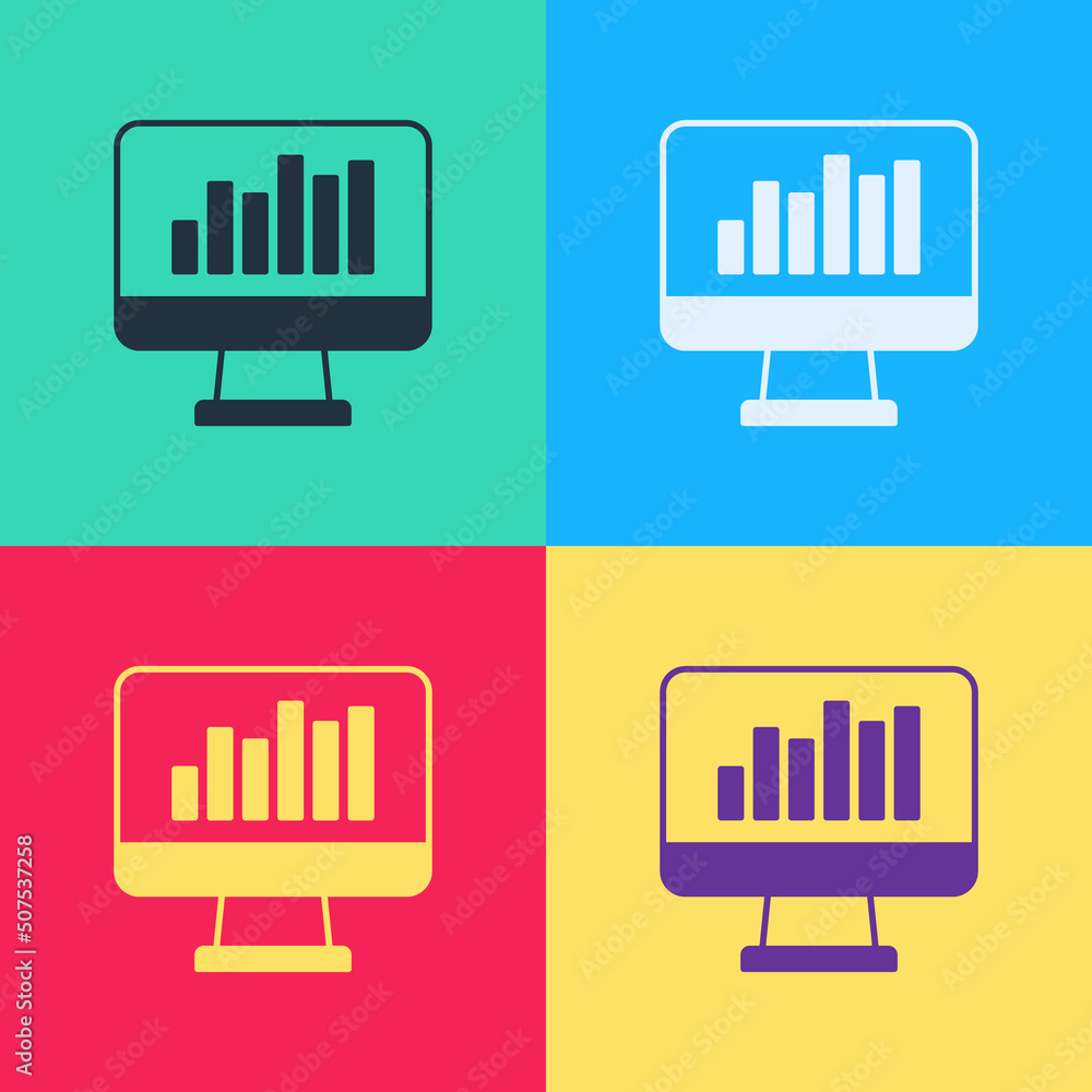Poster Pop art Computer monitor with graph chart icon isolated on color background. Report text file icon. Accounting sign. Audit, analysis, planning. Vector