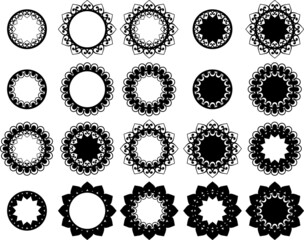 Stylized ornamental round mandala elements vector set. Highly detailed and accurate lines for print or engraving