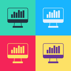 Pop art Computer monitor with graph chart icon isolated on color background. Report text file icon. Accounting sign. Audit, analysis, planning. Vector