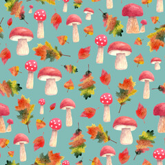 Seamless pattern with mushrooms and autumn leaves on green background, watercolor illustration