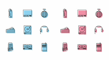 Set line Karaoke, DJ remote for playing and mixing music, Lighter, Open cigarettes pack box, Vinyl player with vinyl disk, Headphones, Cake and Video game console icon. Vector