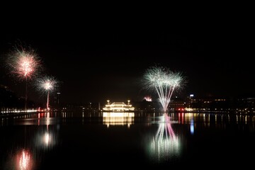 Naklejka premium fireworks over the river in Copenhagen Denmark 