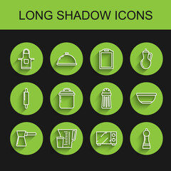 Set line Coffee turk, Measuring cup, Kitchen apron, Microwave oven, Pepper, Cooking pot, Bowl and Salt icon. Vector