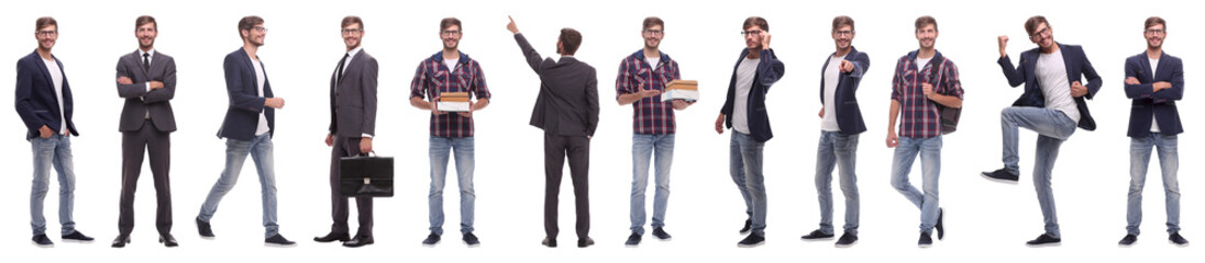 panoramic collage of self-motivated young man .isolated on white