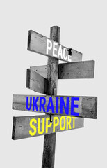 Wooden road sign with words peace, Ukraine, support, hunger 