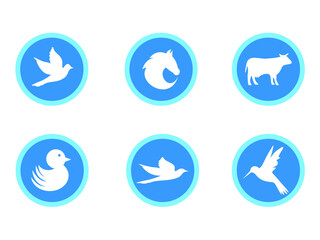 Set of animal icons such as Hummingbird, cow, duck, horse, dove.
