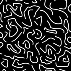 Endless pattern of hand drawn white doodles on black square background in naive style