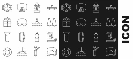 Set line Diving mask, Boots, Rubber flippers for swimming, Industry metallic pipes and valve, Glasses cap, Aqualung, Wind rose and Floating buoy on the sea icon. Vector © Oksana