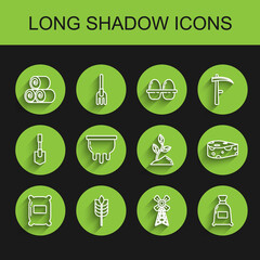 Set line Bag of flour, Cereals with rice, wheat, corn, oats, rye, Roll hay, Windmill, Udder, Cheese and Sprout icon. Vector