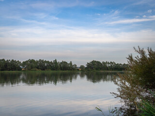 Fototapeta na wymiar Pond, sky and trees at sunset.