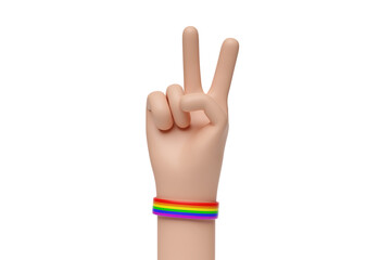 Cartoon hand with peace gesture and LGBT rainbow ribbon isolated on white background. 3d illustration.