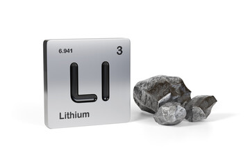 Lithium element symbol from the periodic table near metallic lithium isolated on white background. 3d illustration. - obrazy, fototapety, plakaty