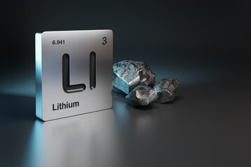 Lithium element symbol from the periodic table near metallic lithium with copy space. 3d illustration. - obrazy, fototapety, plakaty