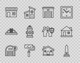 Set line Warehouse with dollar symbol, Washington monument, Garage, Paint roller brush, Shopping building or market store, Fire hydrant, House and icon. Vector