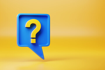 Speech balloon with a question mark on yellow background with copy space. 3d illustration.