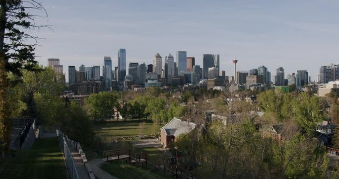 Wide Calgary Downtown Skyline with Calgary Tower, Establishing View of Calgary Alberta, Canada
