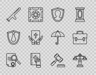 Set line Document with search, Scales of justice, User protection, Oath the Holy Bible, Police rubber baton, Judge gavel and Briefcase icon. Vector