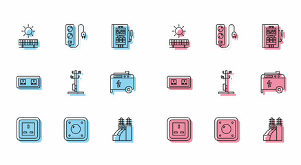 Set line Electrical outlet, light switch, Solar energy panel and sun, Nuclear power plant, High voltage pole line, Portable electric generator, and extension cord icon. Vector