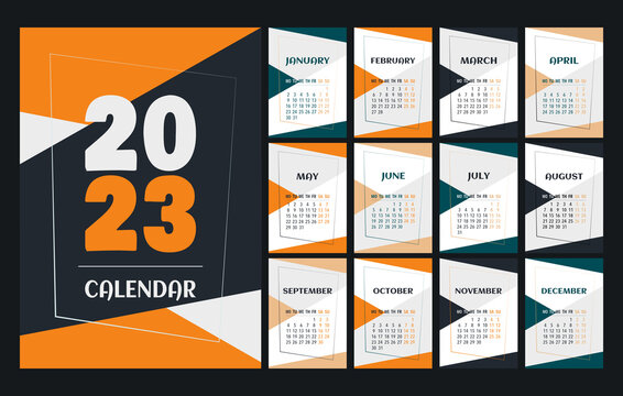 Calendar 2023 template, orange, green, peach, white and black desk calendar design. Week start On Monday, planner, stationery, wall calendar. Vector illustration