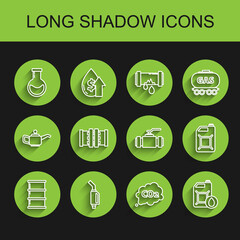 Set line Barrel oil, Gasoline pump nozzle, Test tube and flask, CO2 emissions cloud, Canister for motor machine, Industry metallic pipes valve, gasoline and icon. Vector