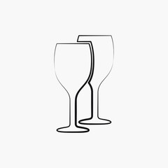 Vector black silhouette of couple of champagne or wine glasses on white background. Monochrome illustration of two champaign glasses. Cheers icon. Fragile or packaging glass symbol