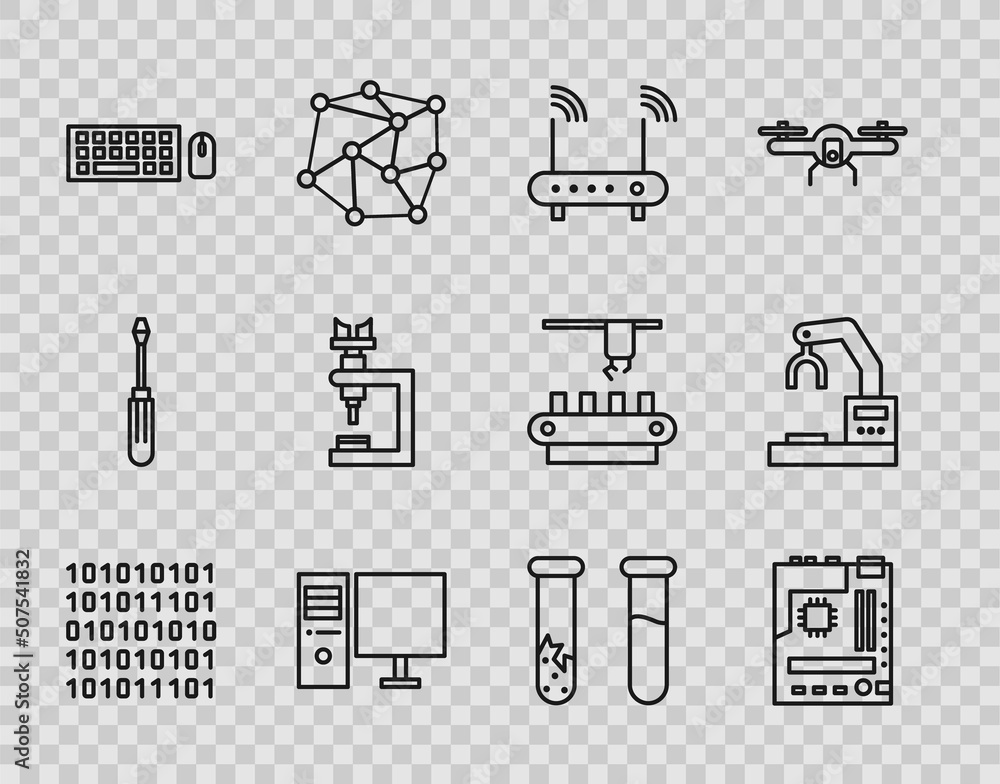 Poster set line binary code, motherboard, router and wi-fi signal, computer monitor, keyboard mouse, micros